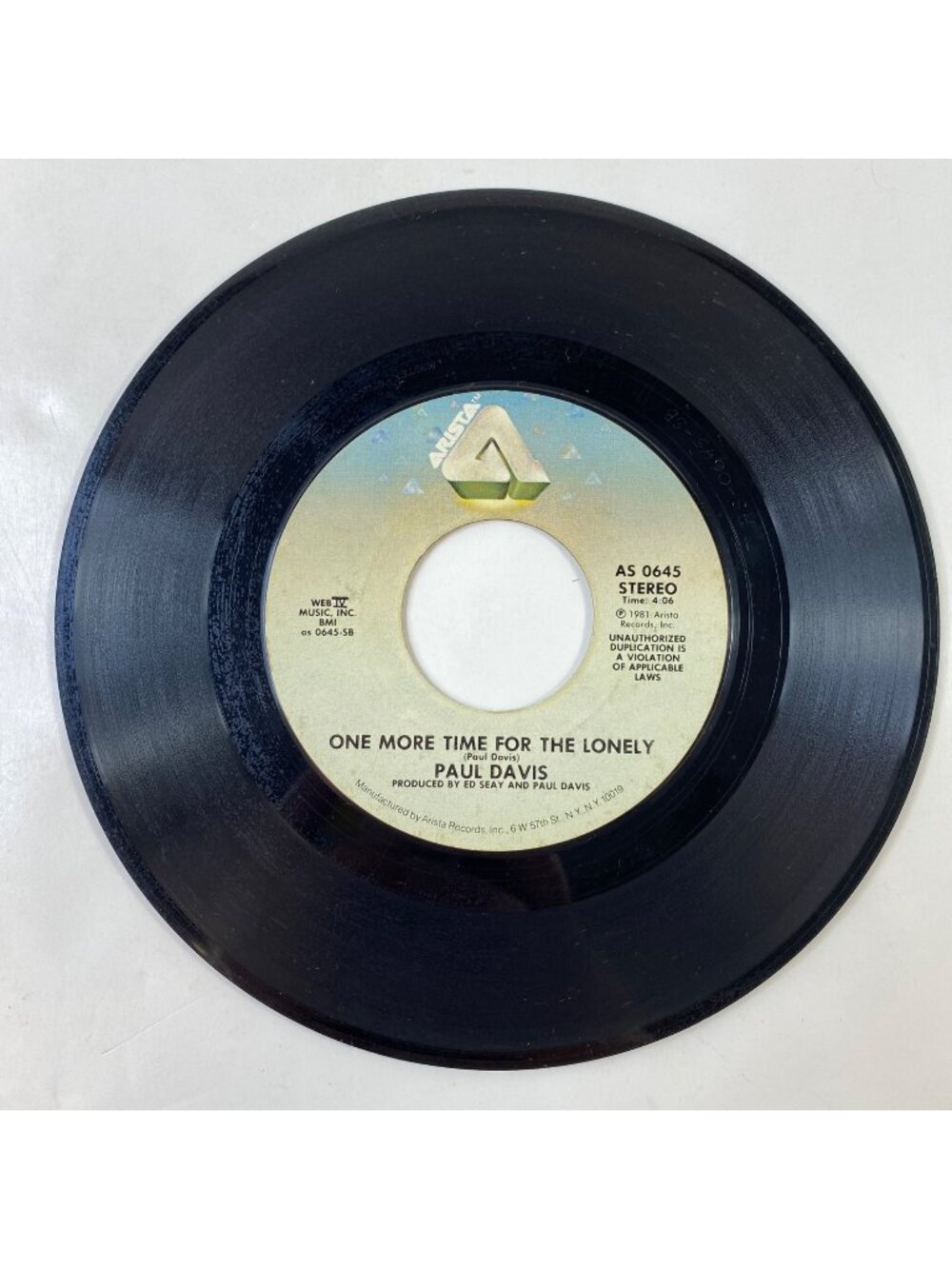 Vintage Arista 45 RPM Vinyl Paul Davis One More Time For The Lonely/Cool Night
